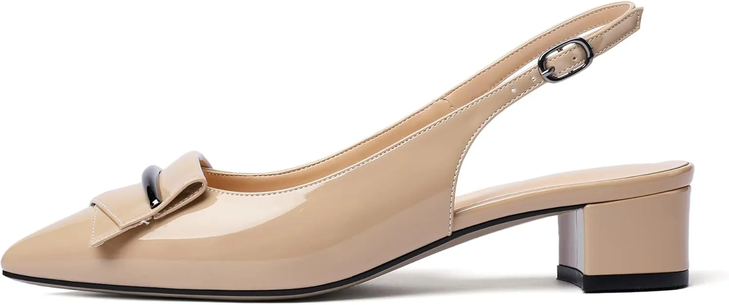 Zamikoo Women's Block Heel Slingback 1.4" Low Heel Pumps with Buckle Bow Pointed Toe Fashion Dress Shoes for Party Wedding Event Size US 5- Size 13