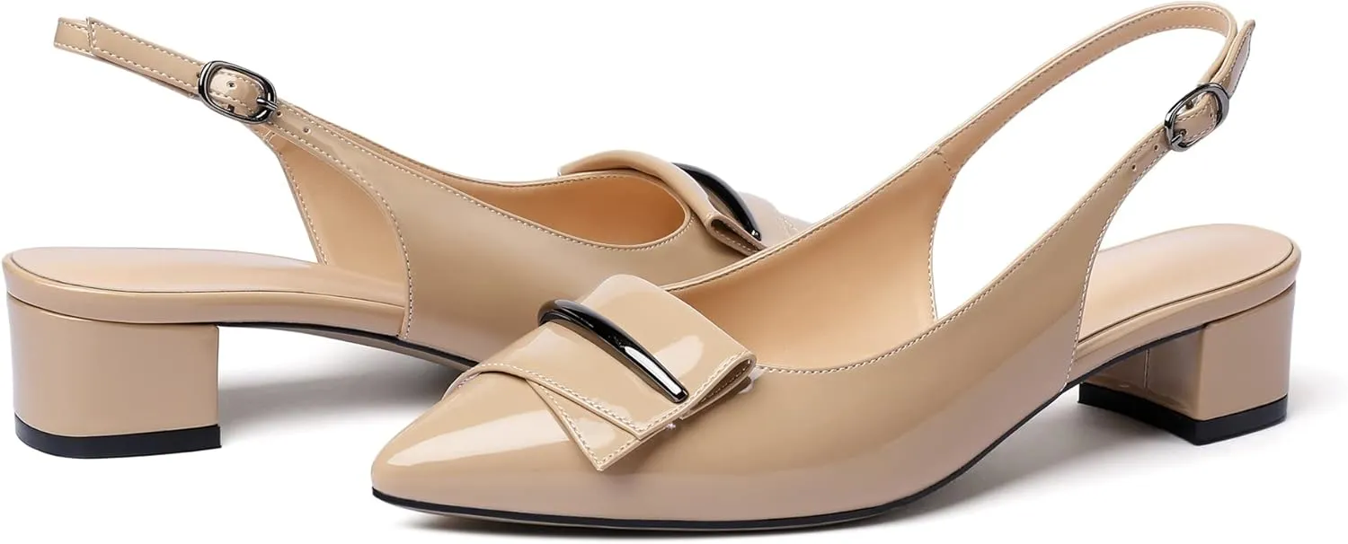 Zamikoo Women's Block Heel Slingback 1.4" Low Heel Pumps with Buckle Bow Pointed Toe Fashion Dress Shoes for Party Wedding Event Size US 5- Size 13