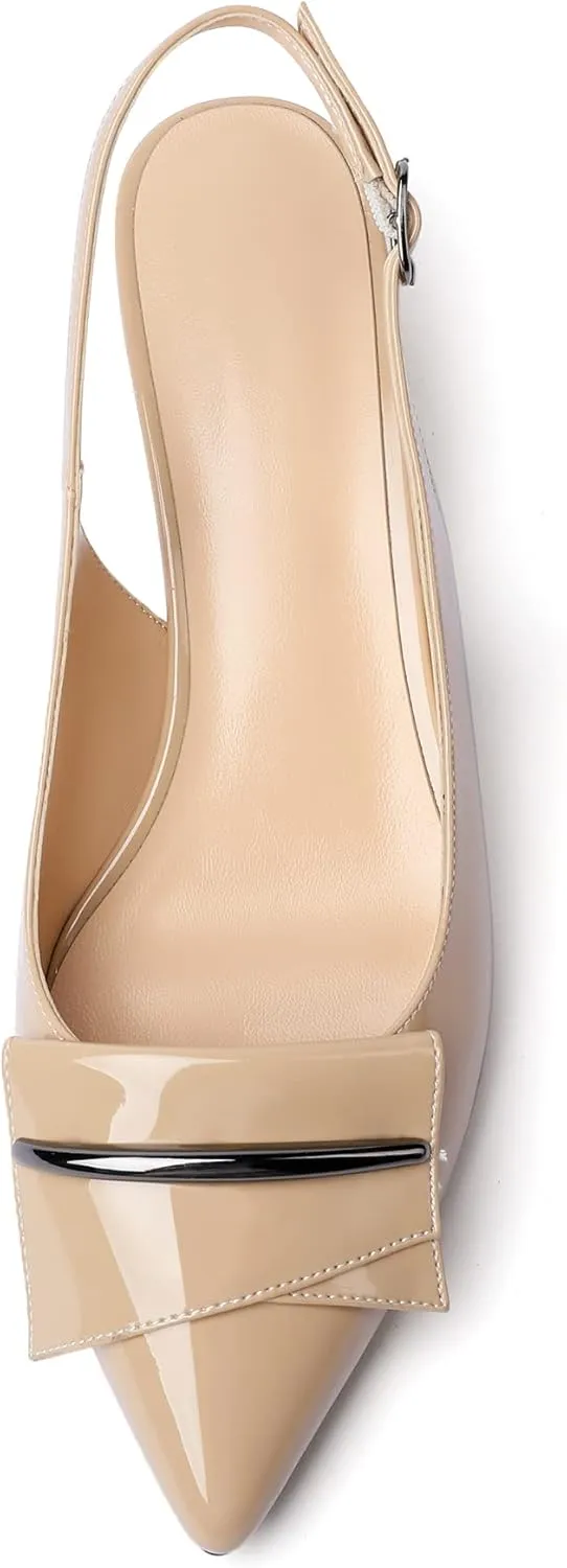 Zamikoo Women's Block Heel Slingback 1.4" Low Heel Pumps with Buckle Bow Pointed Toe Fashion Dress Shoes for Party Wedding Event Size US 5- Size 13