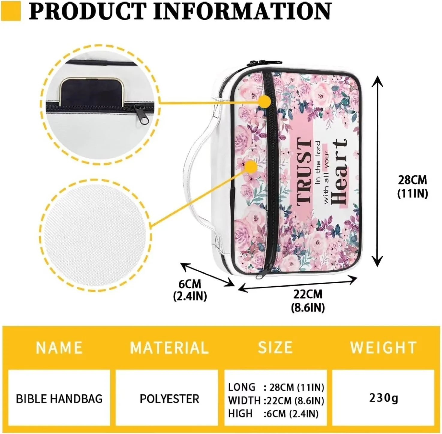 ZDCUSTOM Pink Flower Bible Cover Bible Case Church Pray Bible Tote Libraries Study Handbag Notebooks Gifts for Christians