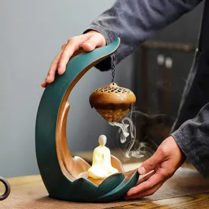 Zen Life Ceramic Backflow Incense Burner with Lighting and 50 pcs Incense Cone -Buddha Meditating On The Lotus