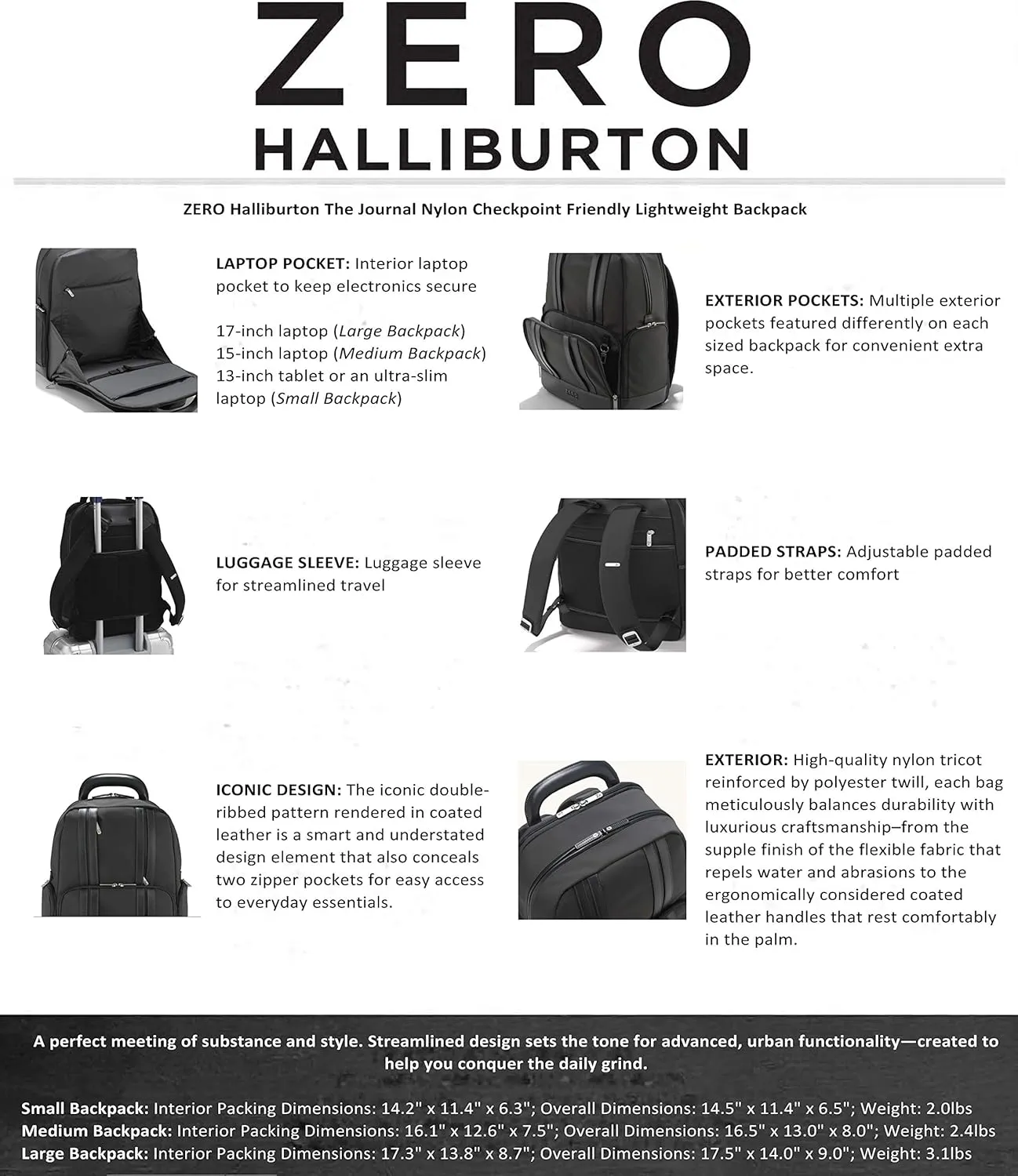 ZERO Halliburton The Journal Nylon Lightweight Backpack (Black, Large Backpack)
