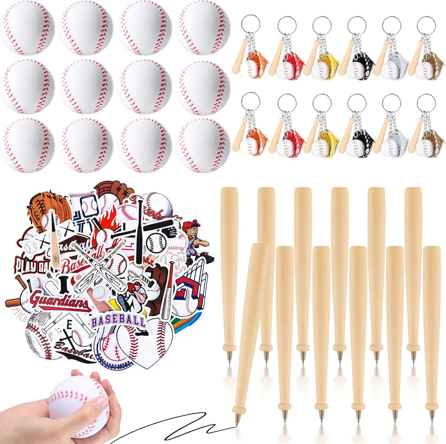 Zhanmai 86 Pcs Baseball Party Favors, Baseball Goodie Bags Stuffers with Sports Stress Ball Wooden Bat Keychains Bat Pens and Baseball Stickers for Baseball Theme Supplies Team Party