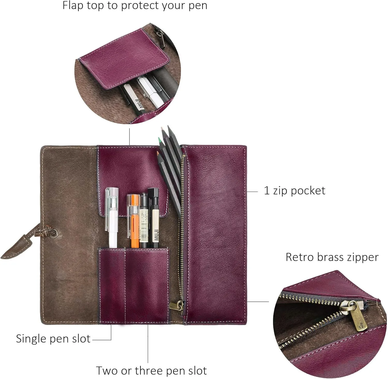 ZLYC Handmade Leather Pencil Case Soft Roll Bag Stationery Gift for Student
