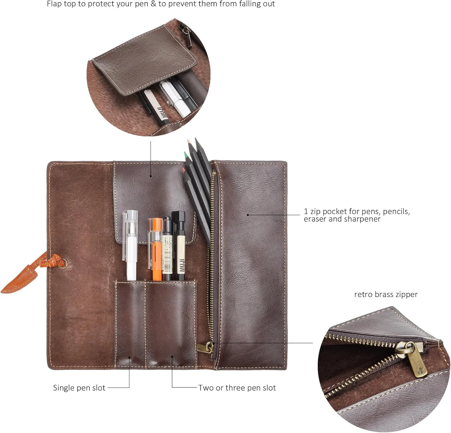 ZLYC Handmade Leather Pencil Case Soft Roll Bag Stationery Gift for Student