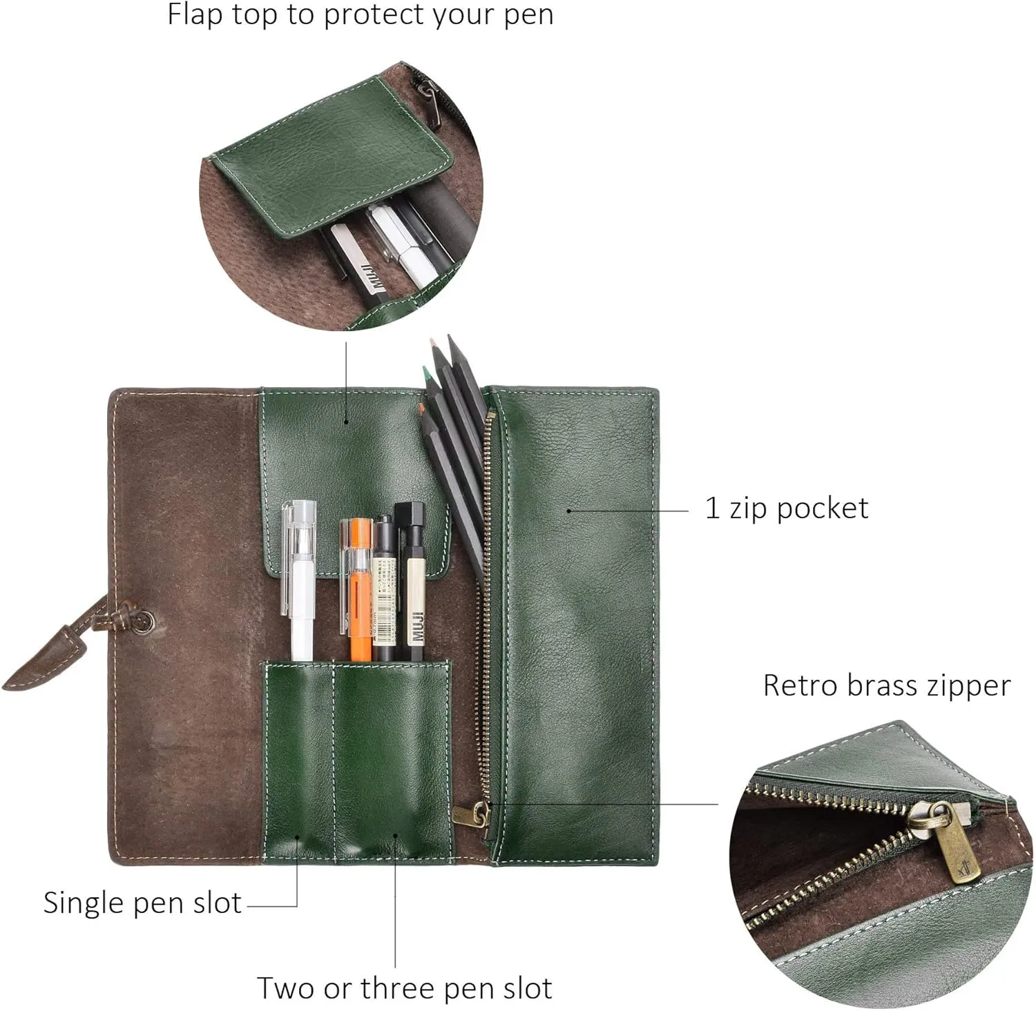ZLYC Handmade Leather Pencil Case Soft Roll Bag Stationery Gift for Student