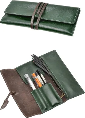 ZLYC Handmade Leather Pencil Case Soft Roll Bag Stationery Gift for Student