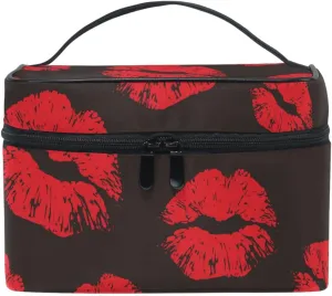 ZOEO Makeup Train Case Red Lips Retro Black XOXOXO Korean Carrying Portable Zip Travel Cosmetic Brush Bag Organizer Large for Girls Women
