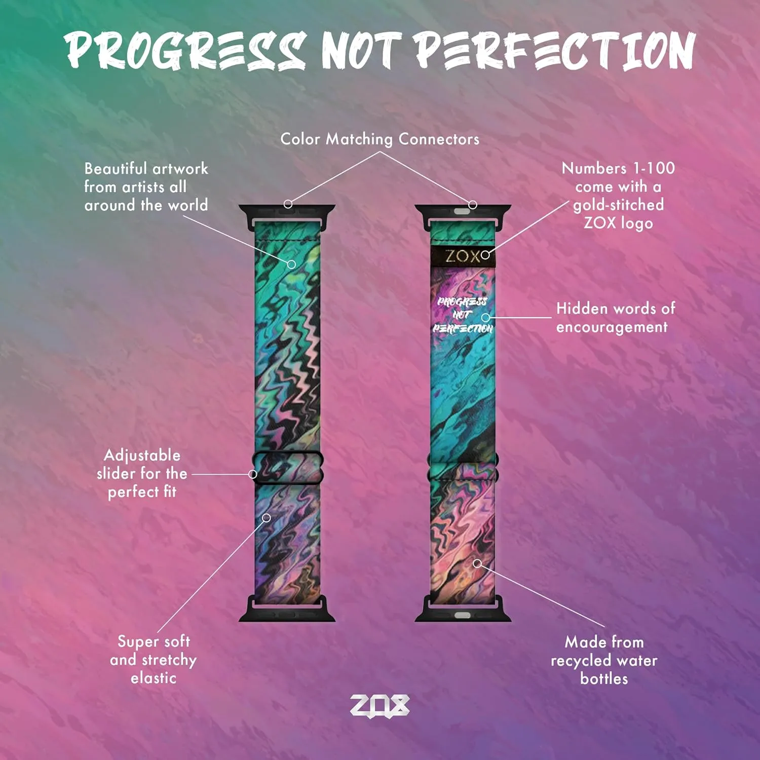 ZOX Apple Watch Band – Elastic Band with Motivational Affirmations and Beautiful Artwork – Gifts for Men, Women & Kids