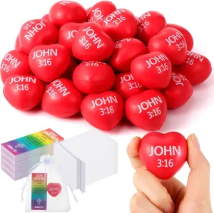 Zubebe 48 Sets Christian Heart Stress Balls Bulk 1.57'' John 3: 16 Religious Easter Relief Balls with Jesus Cards and Organza Bags Jesus Bible Quotes Motivational Baptism Gifts Easter Basket Stuffers