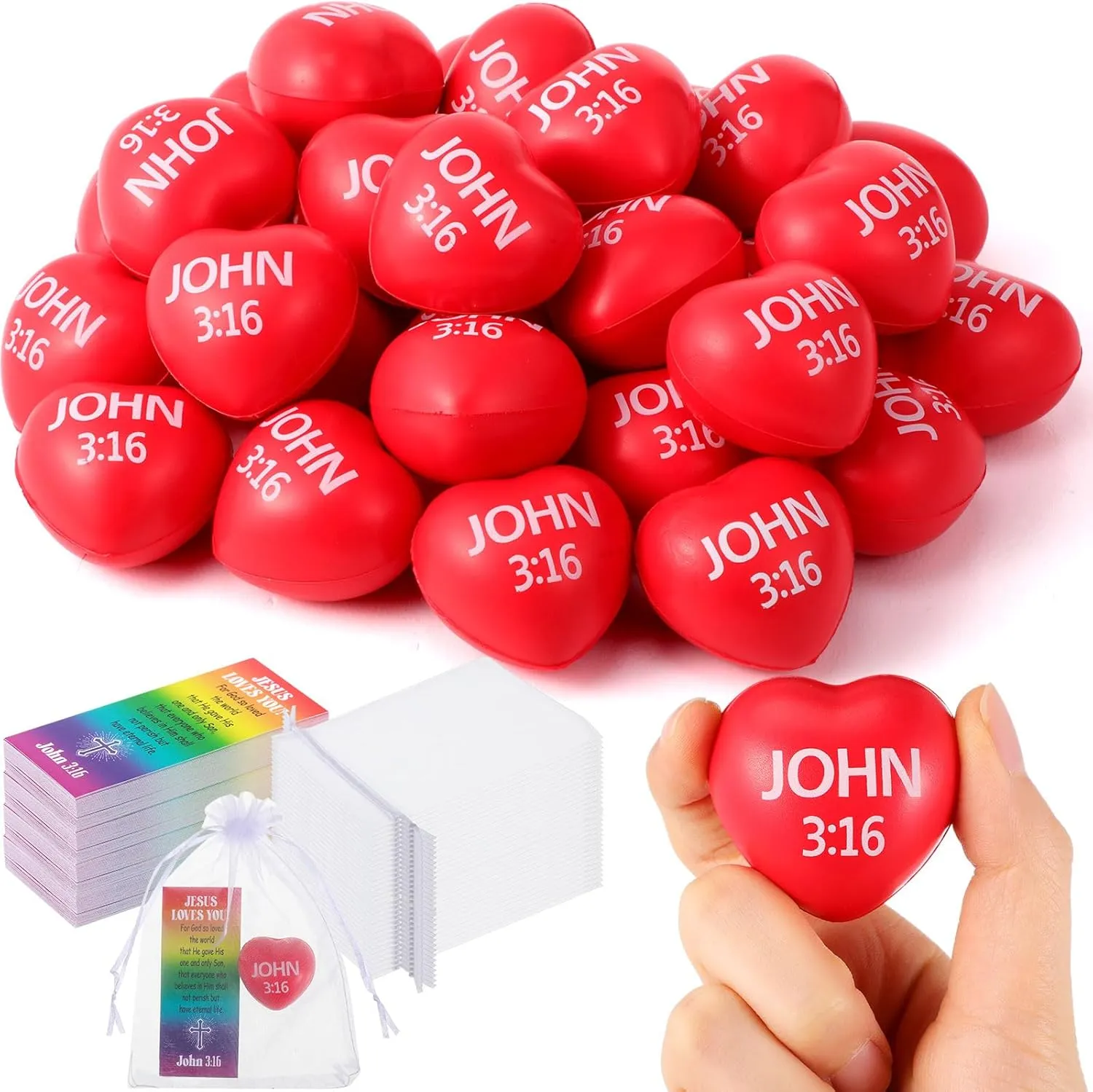 Zubebe 48 Sets Christian Heart Stress Balls Bulk 1.57'' John 3: 16 Religious Easter Relief Balls with Jesus Cards and Organza Bags Jesus Bible Quotes Motivational Baptism Gifts Easter Basket Stuffers