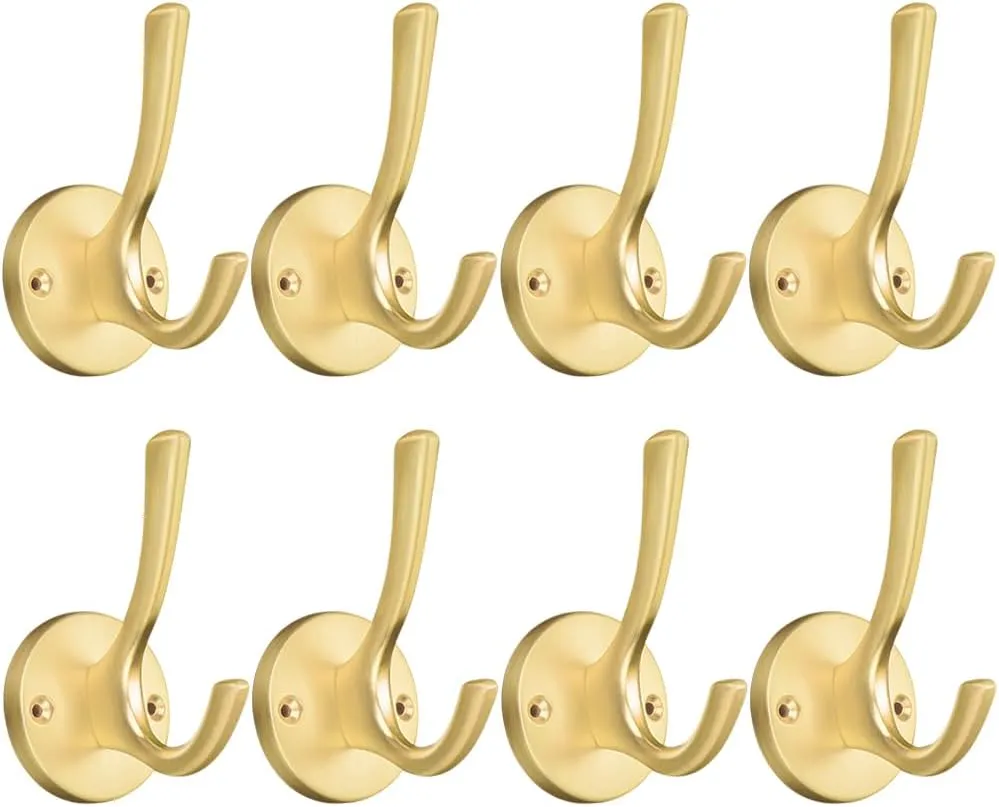 ZUONAI Gold Coat Hooks for Wall Decorative 8 Pack Heavy Duty Metal Hooks for Hanging Coats and Hat Hooks Wall Mounted Towel Hooks for Bathrooms Clothing Hooks for Bedroom Key Hanger Double Hooks
